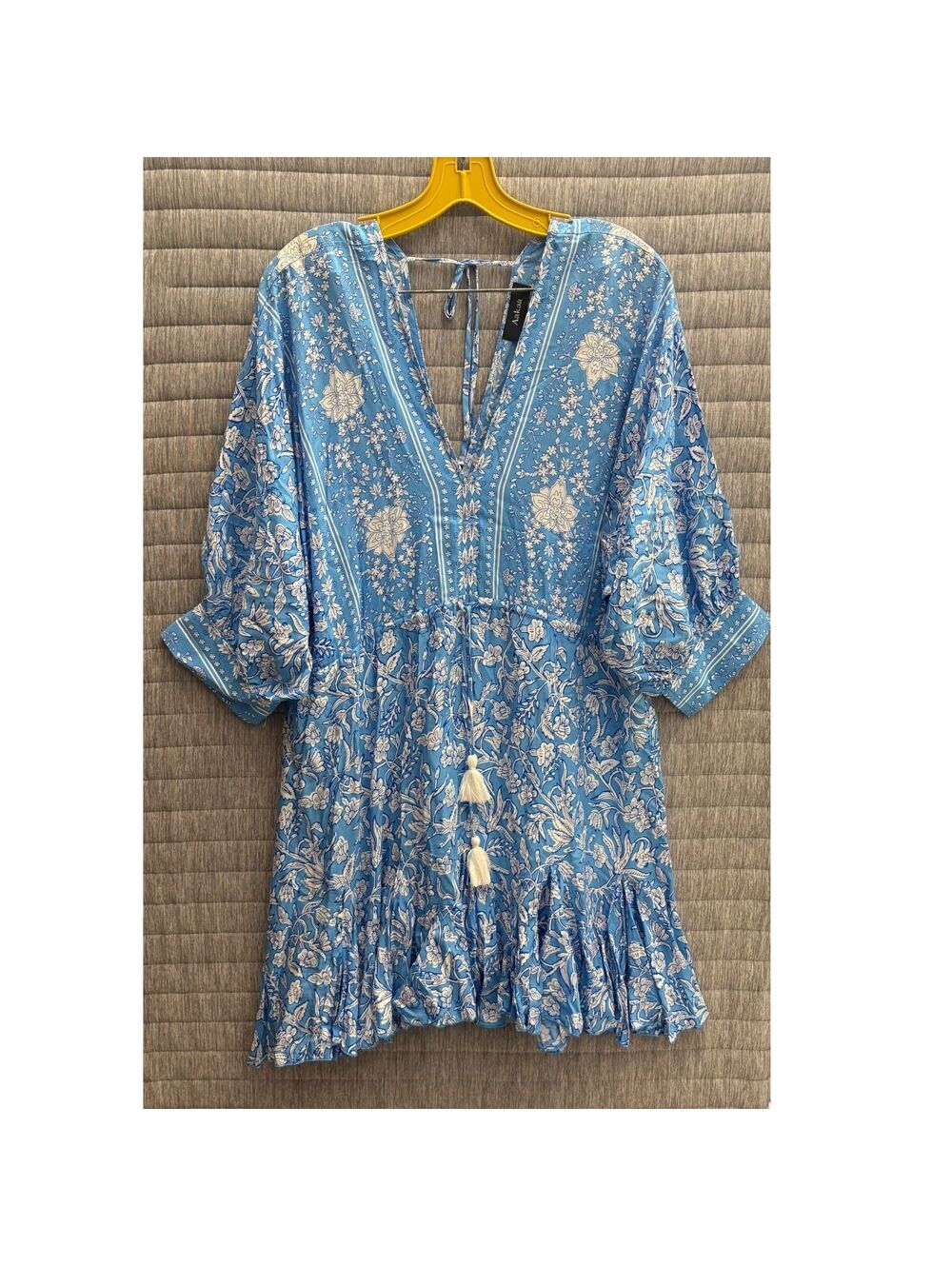 Aakaa Flowy Summer Dress Women's Small Light Blue White Floral Tassels V Neck